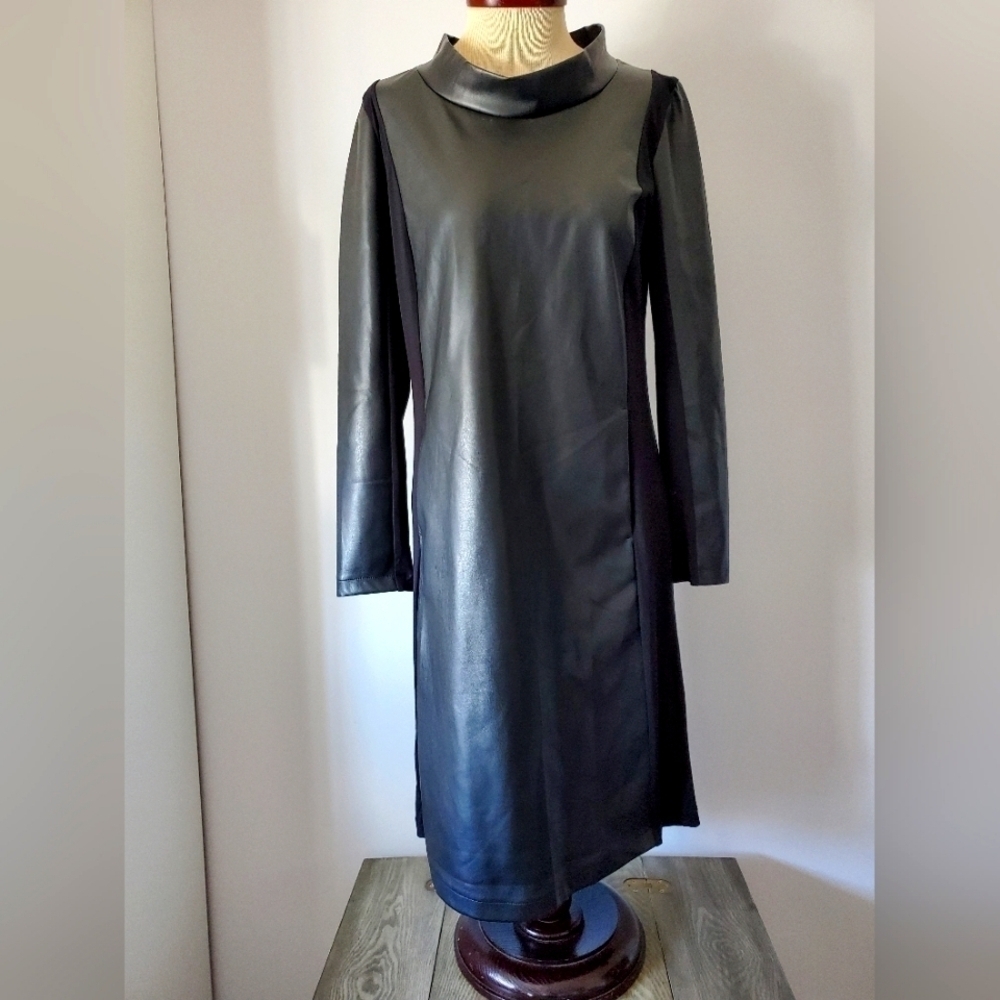 Elsewhere black faux leather  dress with pockets. Size small